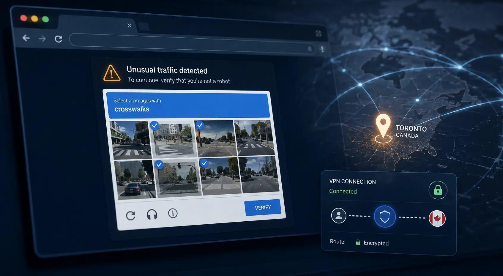 VPN and CAPTCHA browser illustration