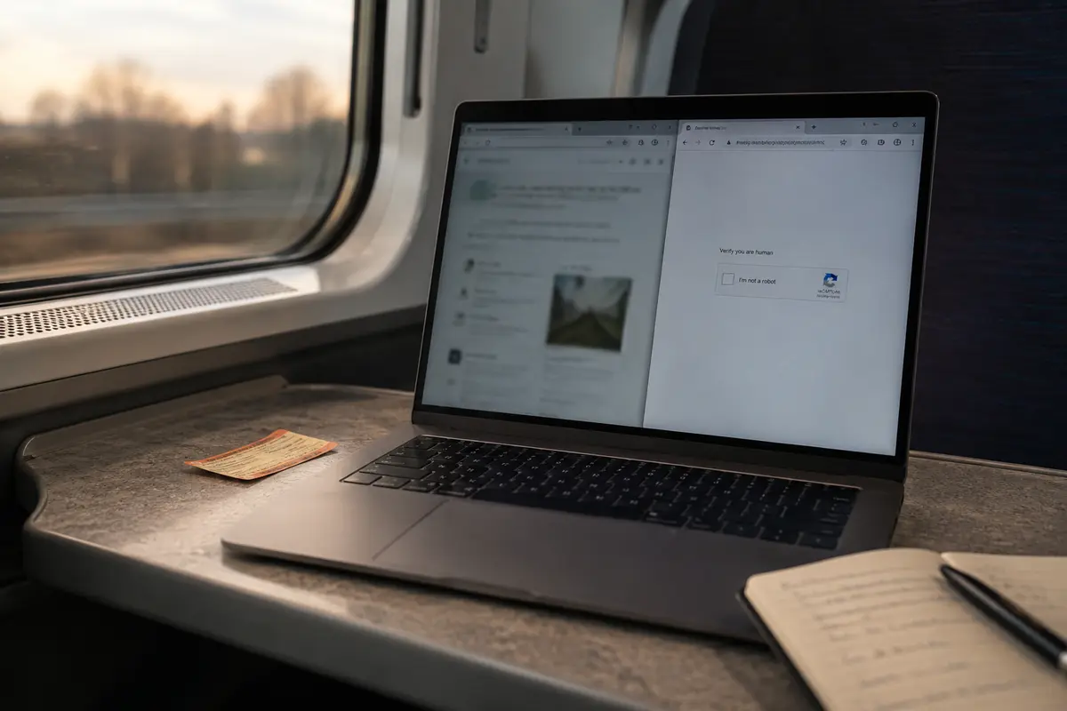 A laptop on a train showing a fresh browser challenge beside an older blurred session