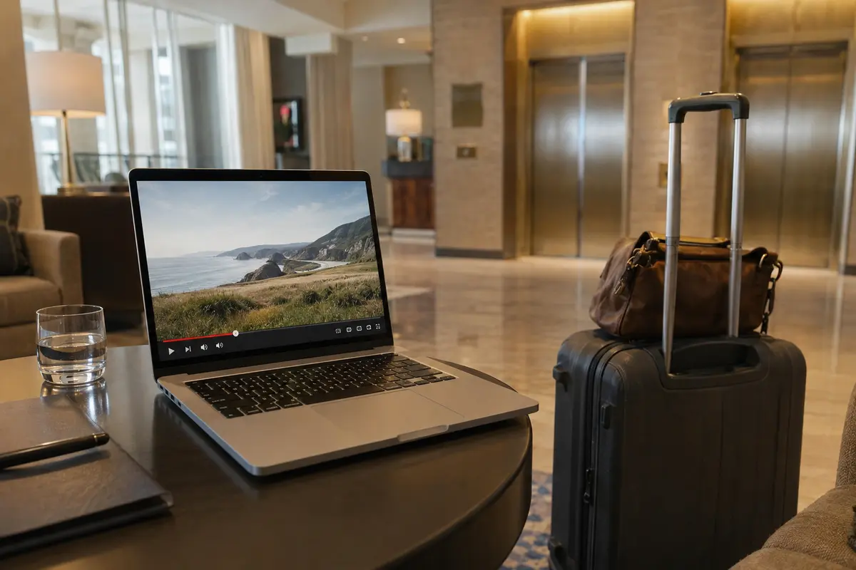 A hotel-lobby laptop shows normal playback controls after the connection survives a network handoff.