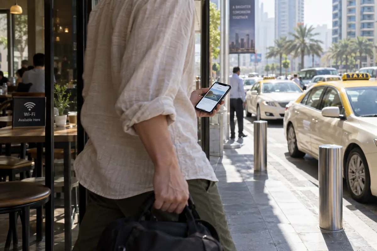 A traveler leaves a Dubai café and continues online using mobile data