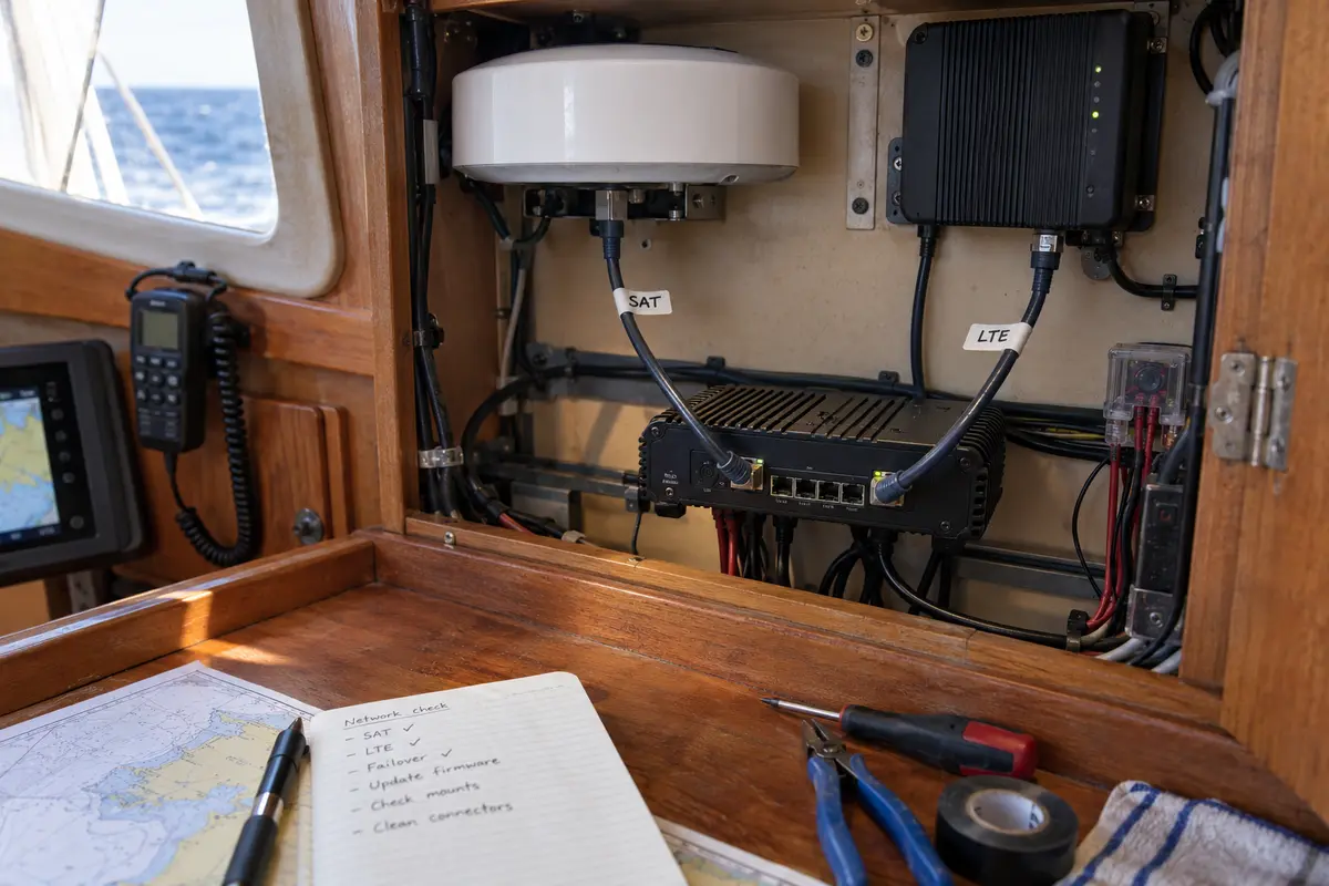Satellite and LTE cables feed the same bonding router inside a sailboat navigation station