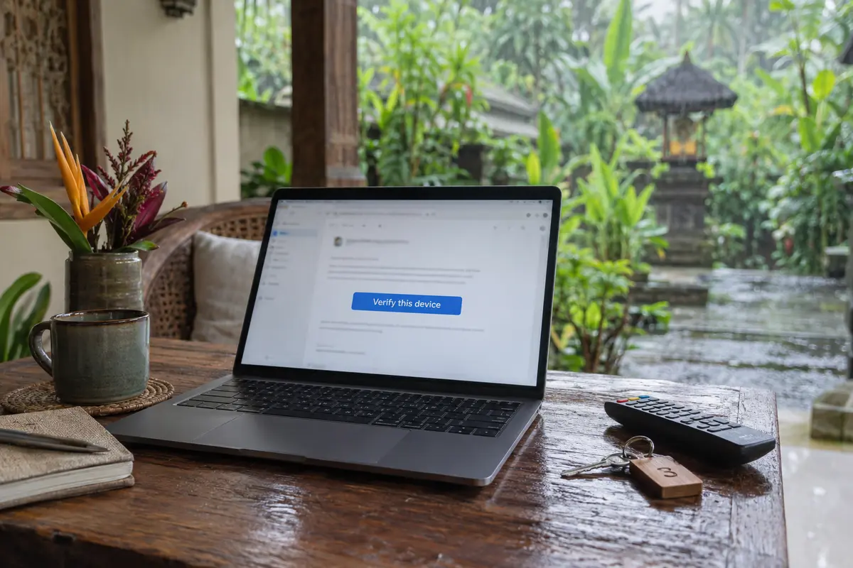 A laptop at an Ubud guesthouse displays a travel device verification email beside a television remote