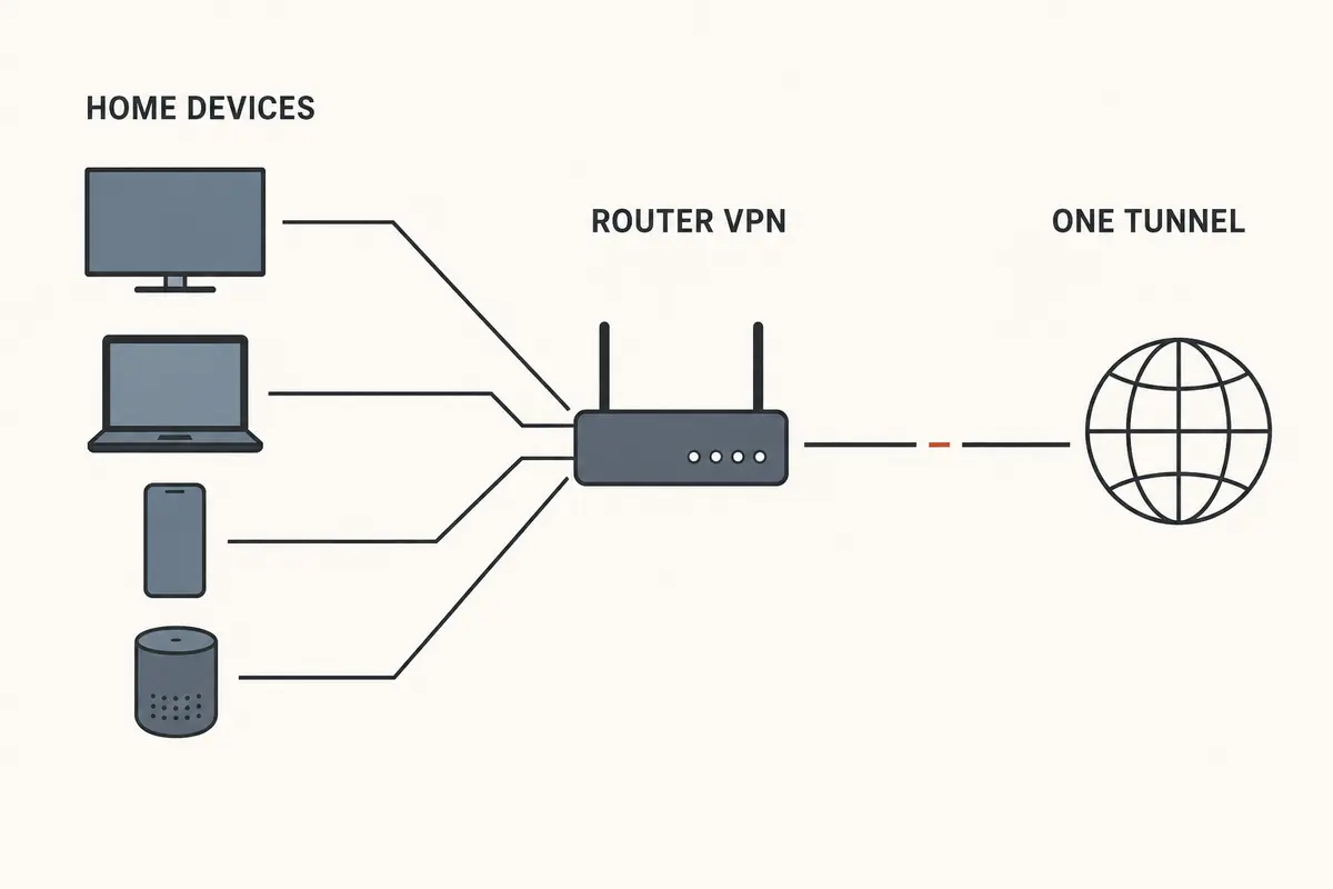 Diagram showing household devices sharing one router VPN tunnel and one point of failure