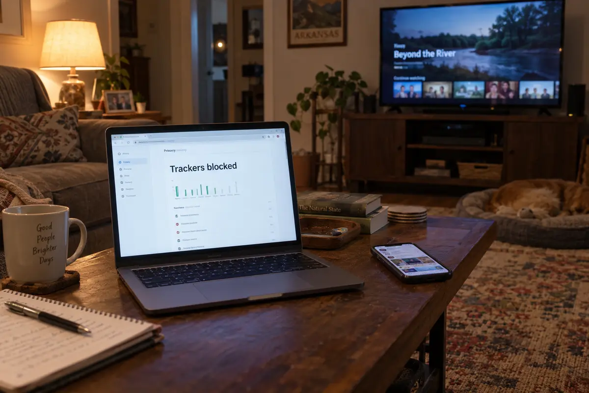 A browser reports blocked trackers while a television and phone remain separately connected in an Arkansas home