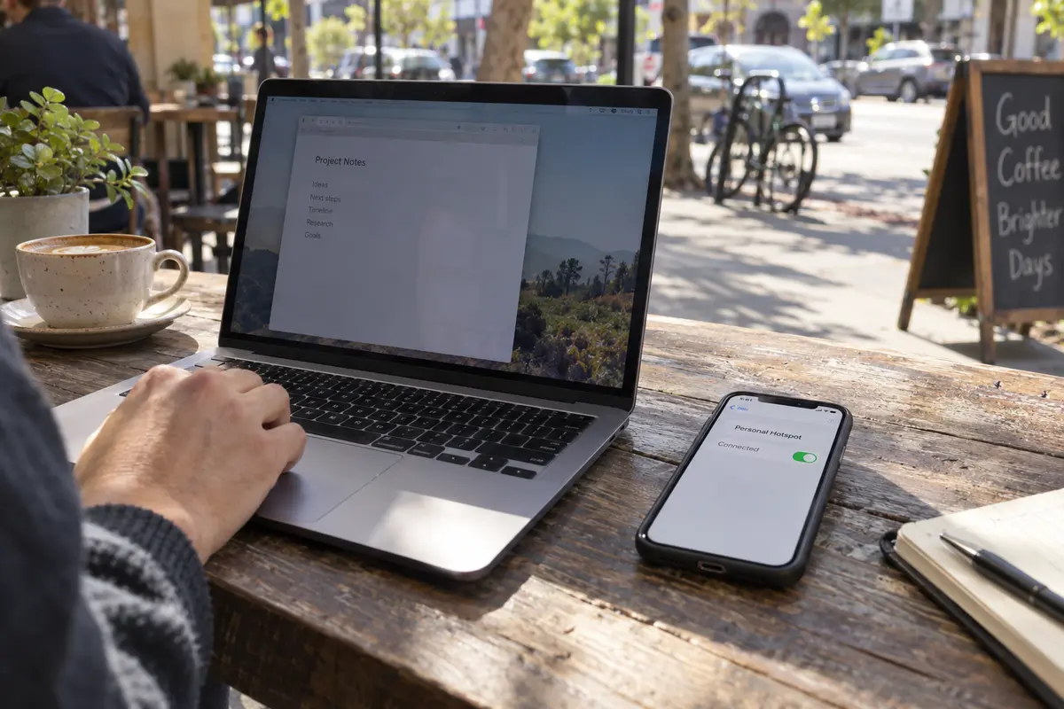 A laptop using a phone's personal hotspot at a California sidewalk café