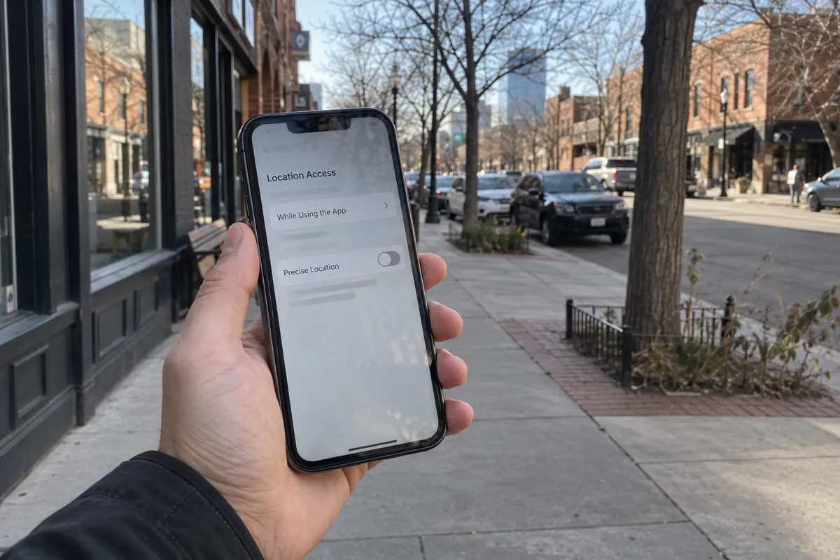 A phone's precise-location permission turned off on a Denver street