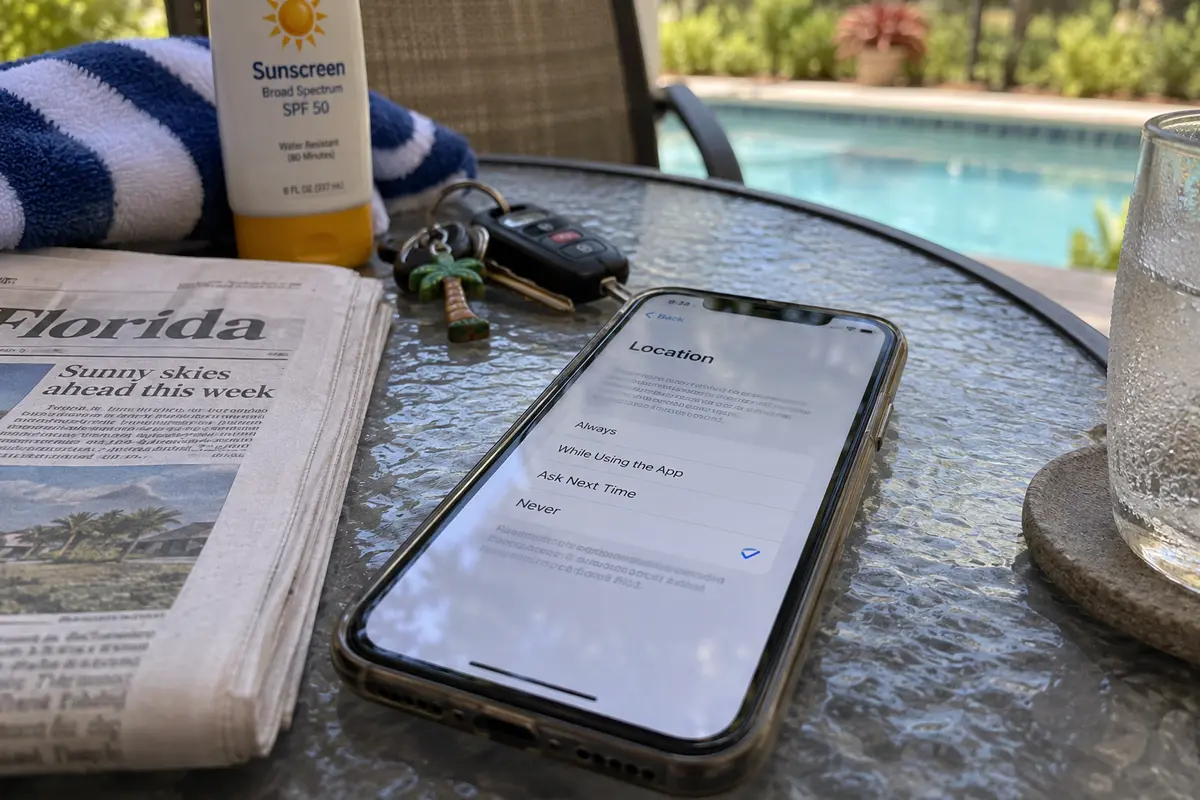 A phone’s location permission is set to Never beside a Florida pool