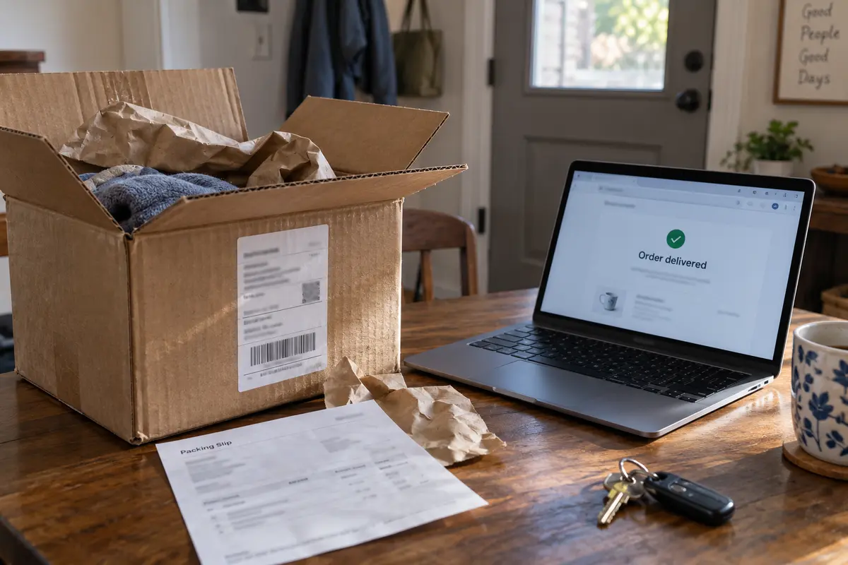 A delivered parcel and online order confirmation showing data retained by a retailer