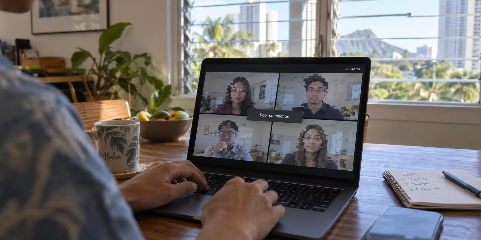 A video meeting suffering from a poor connection in a Honolulu apartment