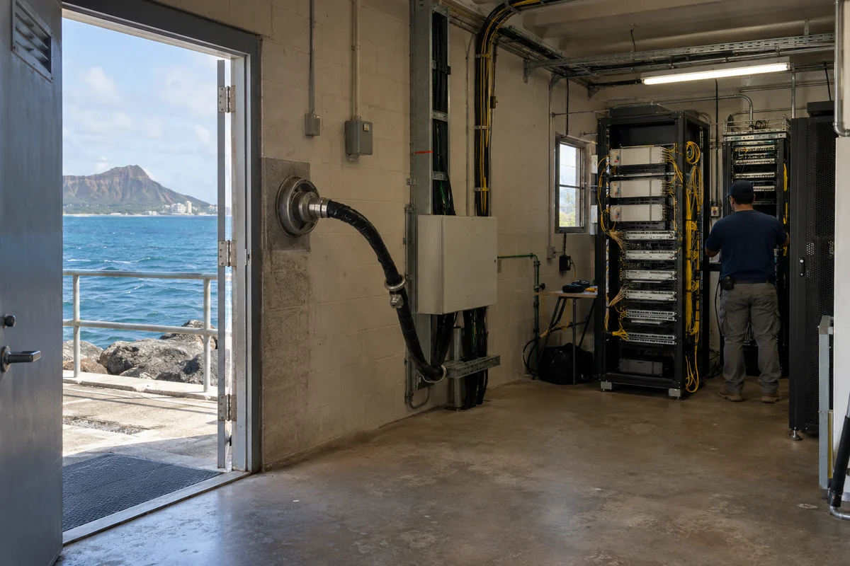 A technician inspecting fiber equipment at a coastal cable landing station in Hawaiʻi