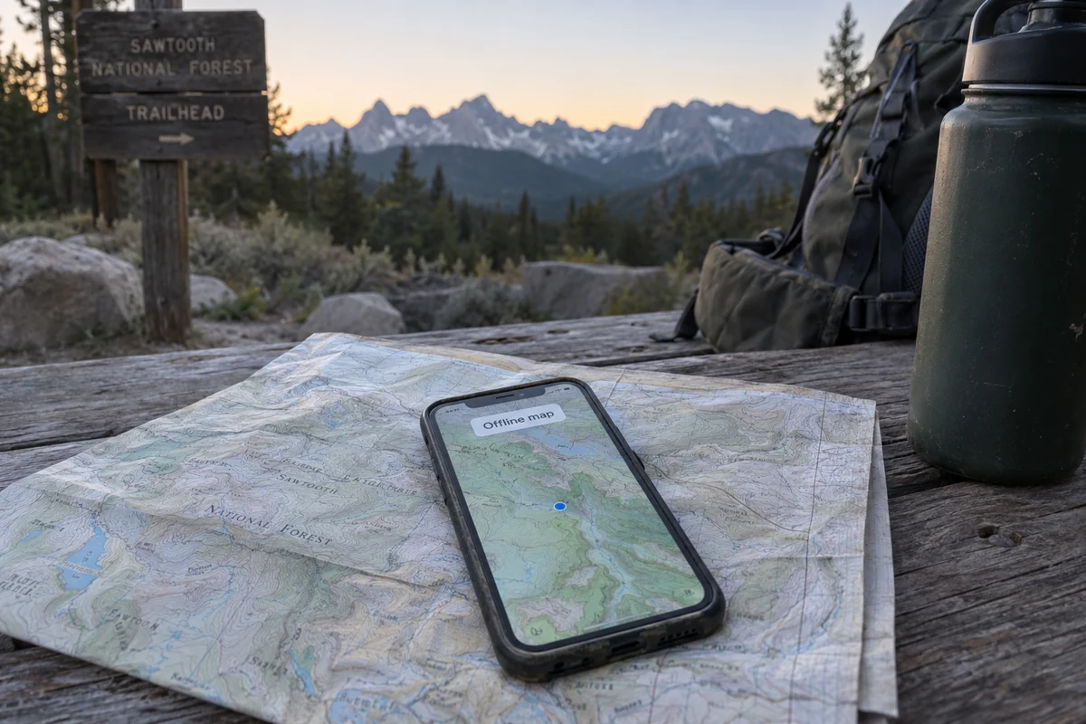 An offline map ready on a phone at a Sawtooth trailhead