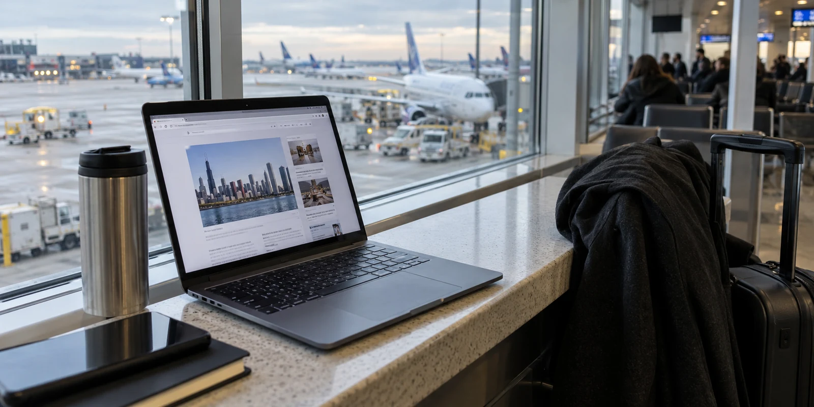 A laptop uses public Wi-Fi beside a busy Chicago airport gate.