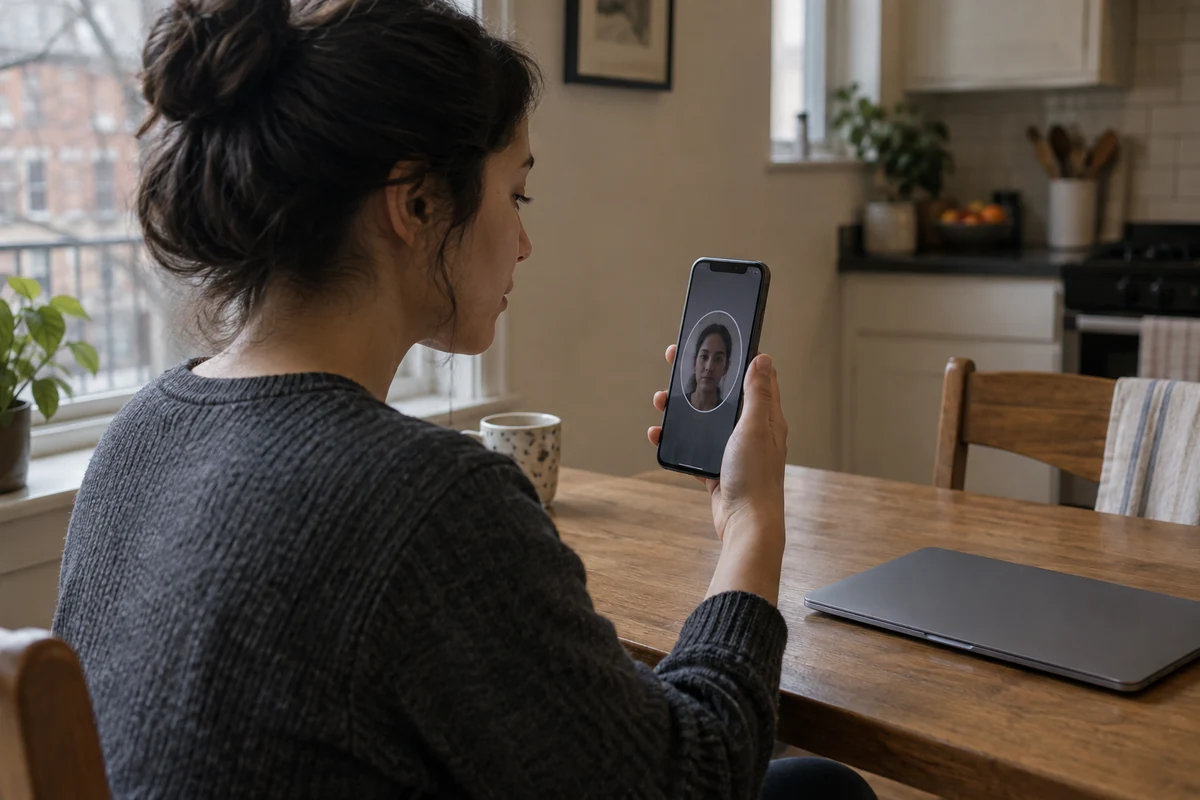 An Illinois resident completes a facial identity check on a phone at home.