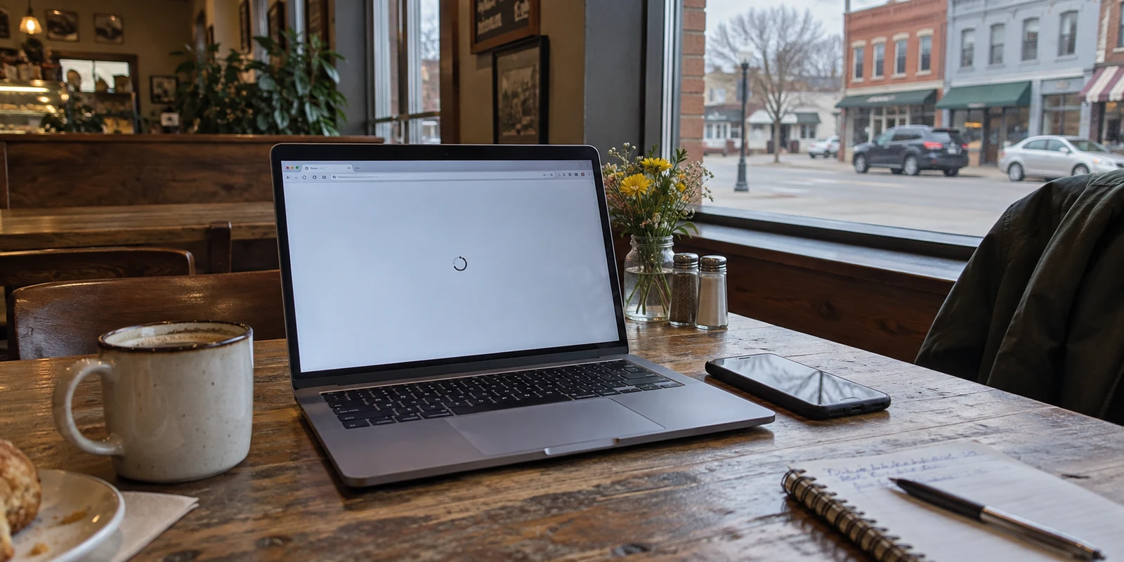 A laptop page stalls while using guest Wi-Fi in a small Iowa café.