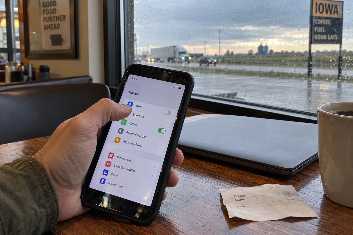 A traveler switches a phone from café Wi-Fi to cellular data in Iowa.