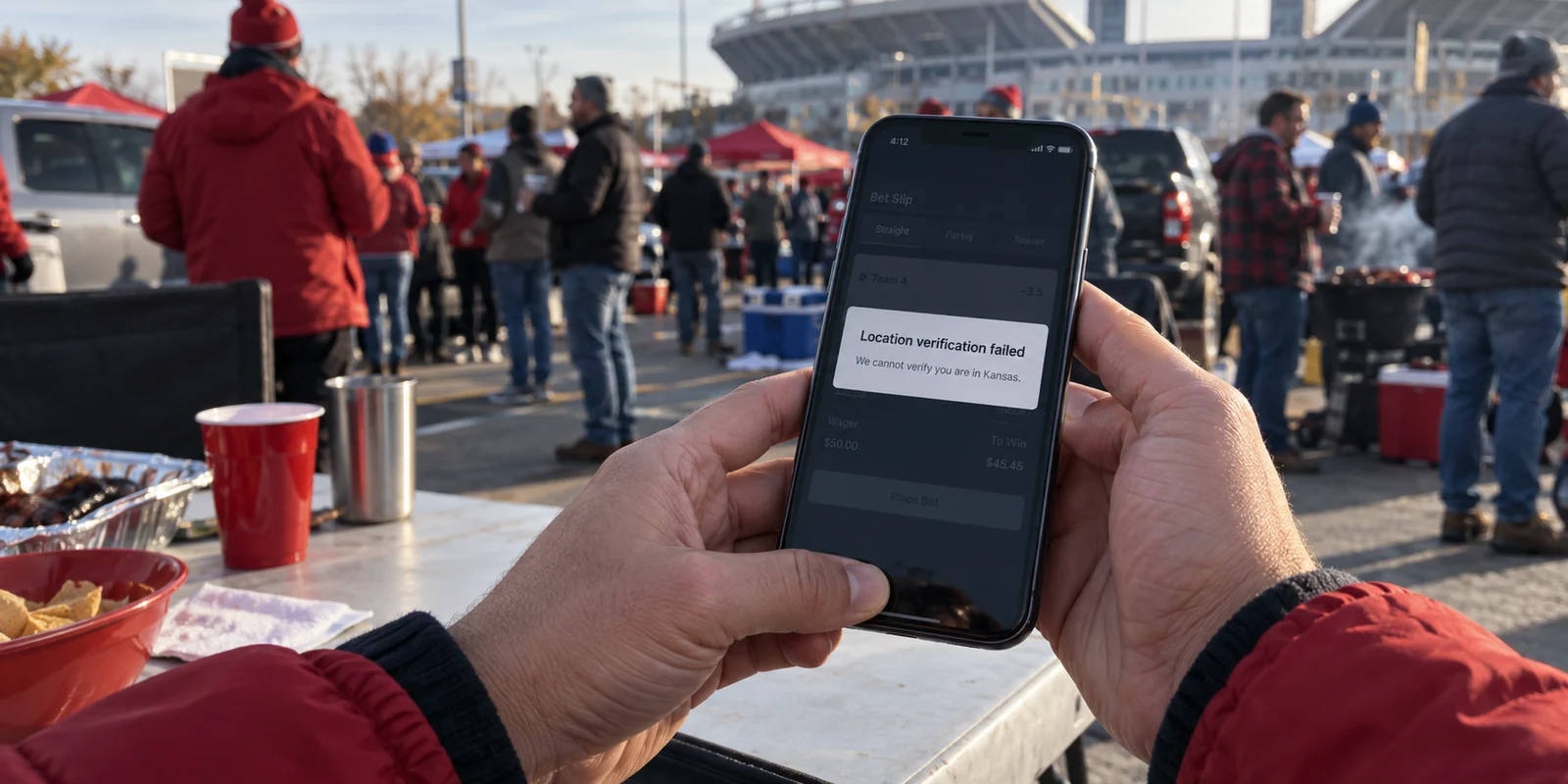 A Kansas sports wagering app failing to verify location before a football game