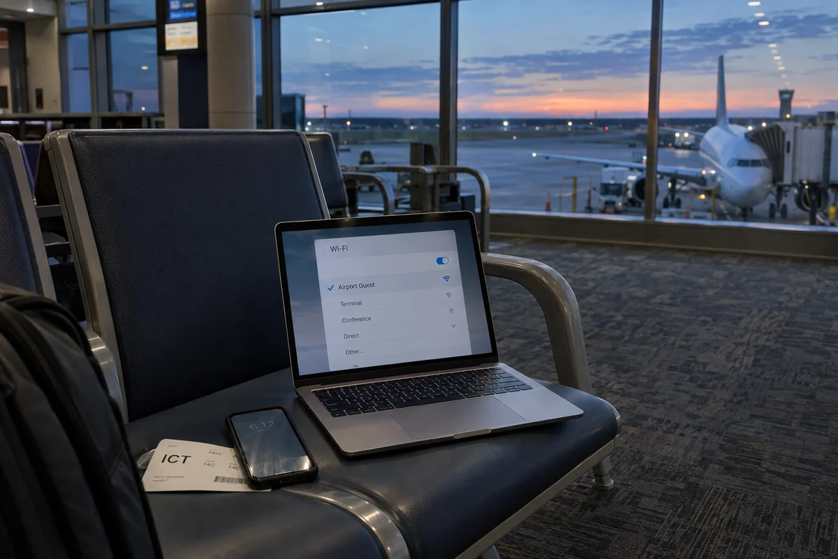 A laptop connected to guest Wi-Fi at Wichita airport before sunrise