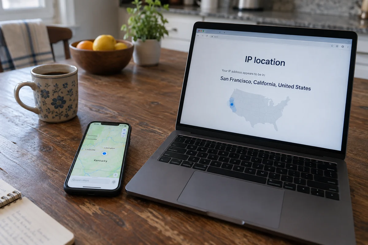 A phone showing a physical Kentucky location beside a laptop showing a different IP location