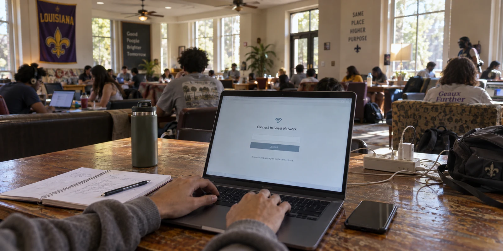 A student joins crowded guest Wi-Fi in a Louisiana campus common room.
