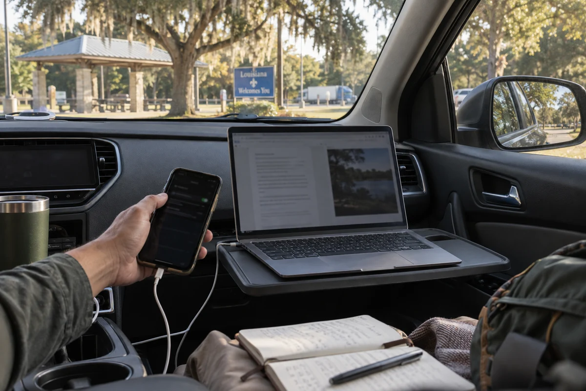 A traveler works from a parked car using a phone hotspot at a Louisiana rest area.