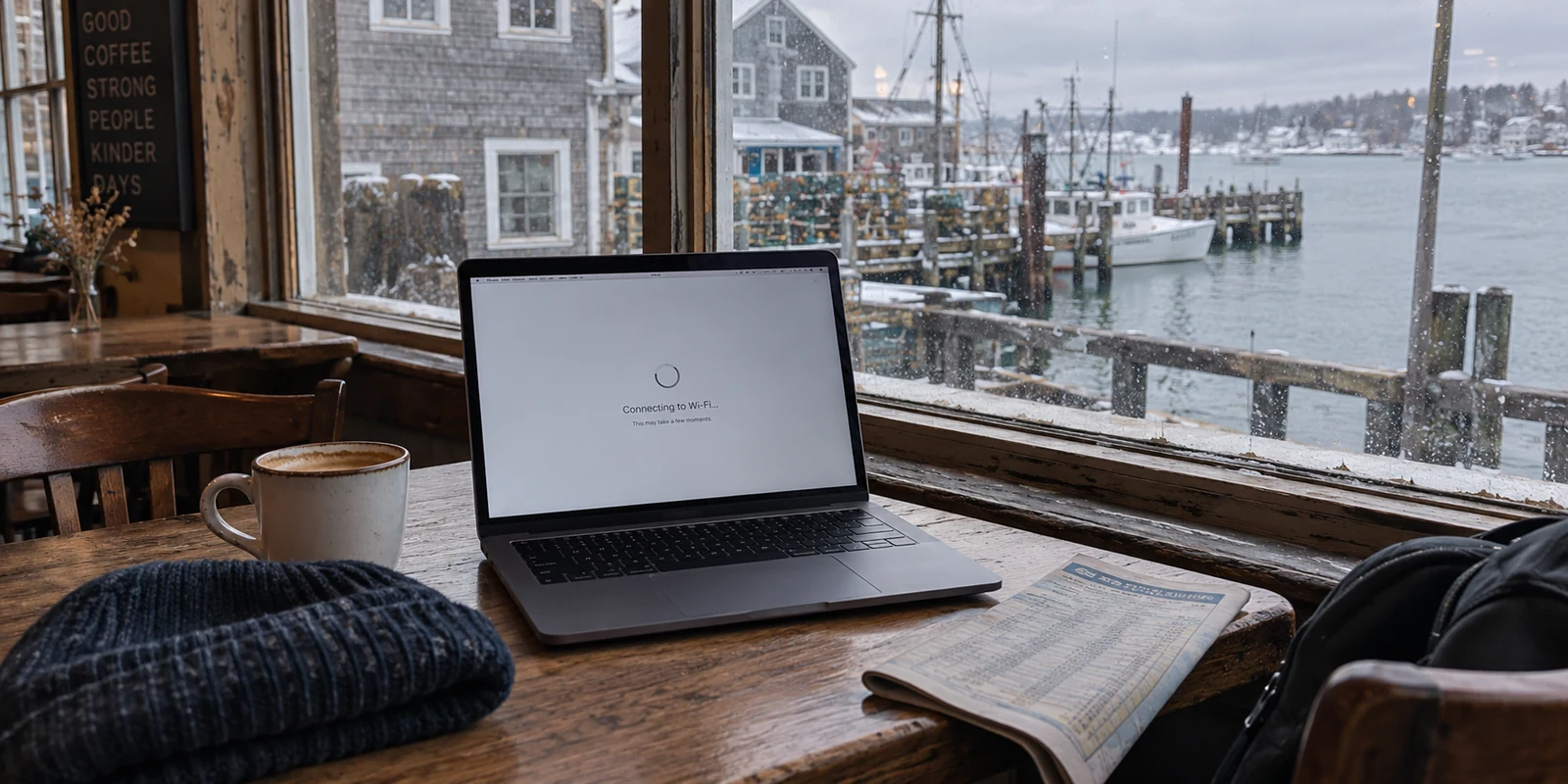 A laptop struggles to join shared Wi-Fi in a Maine harbor café.