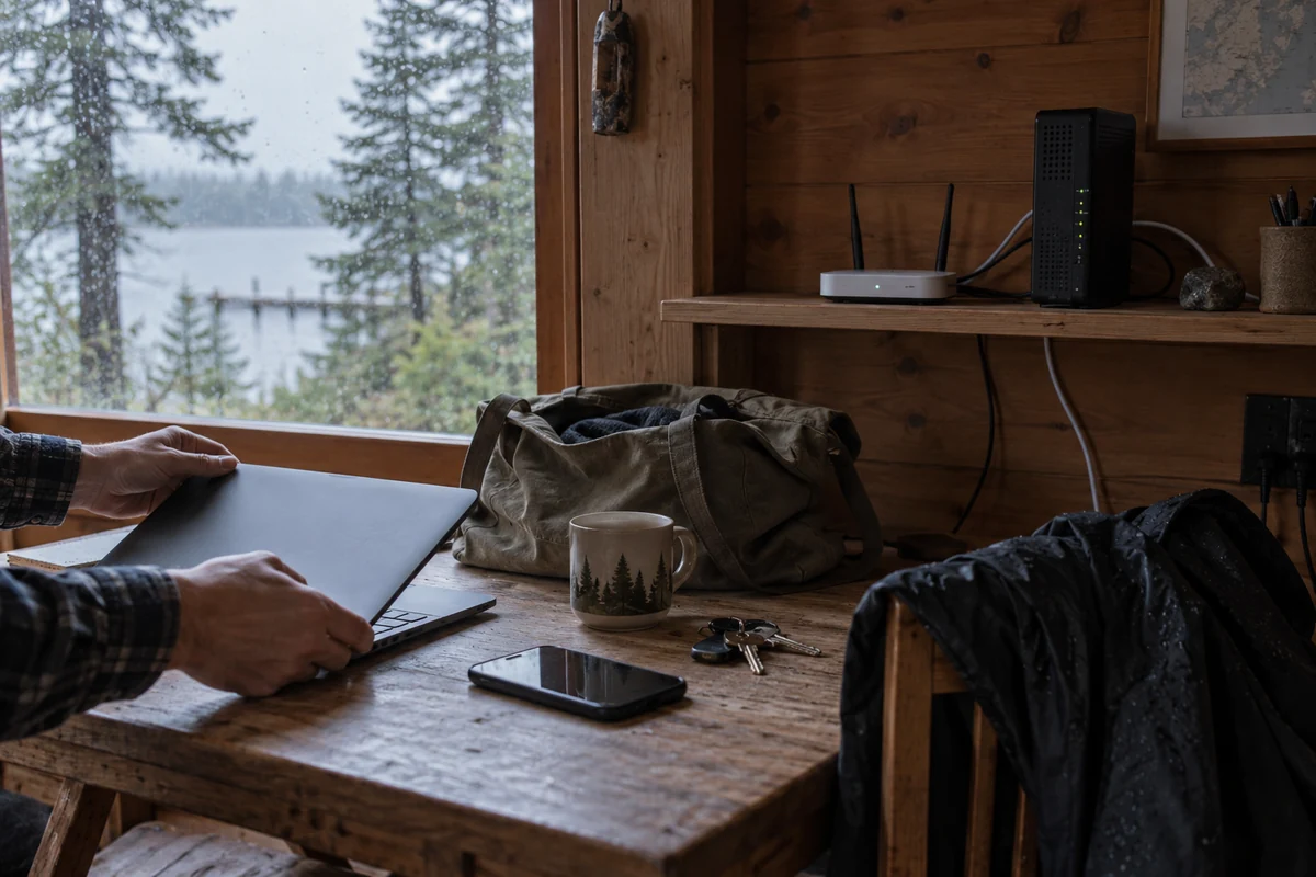 A traveler unpacks devices beside a new router in a seasonal Maine cabin.