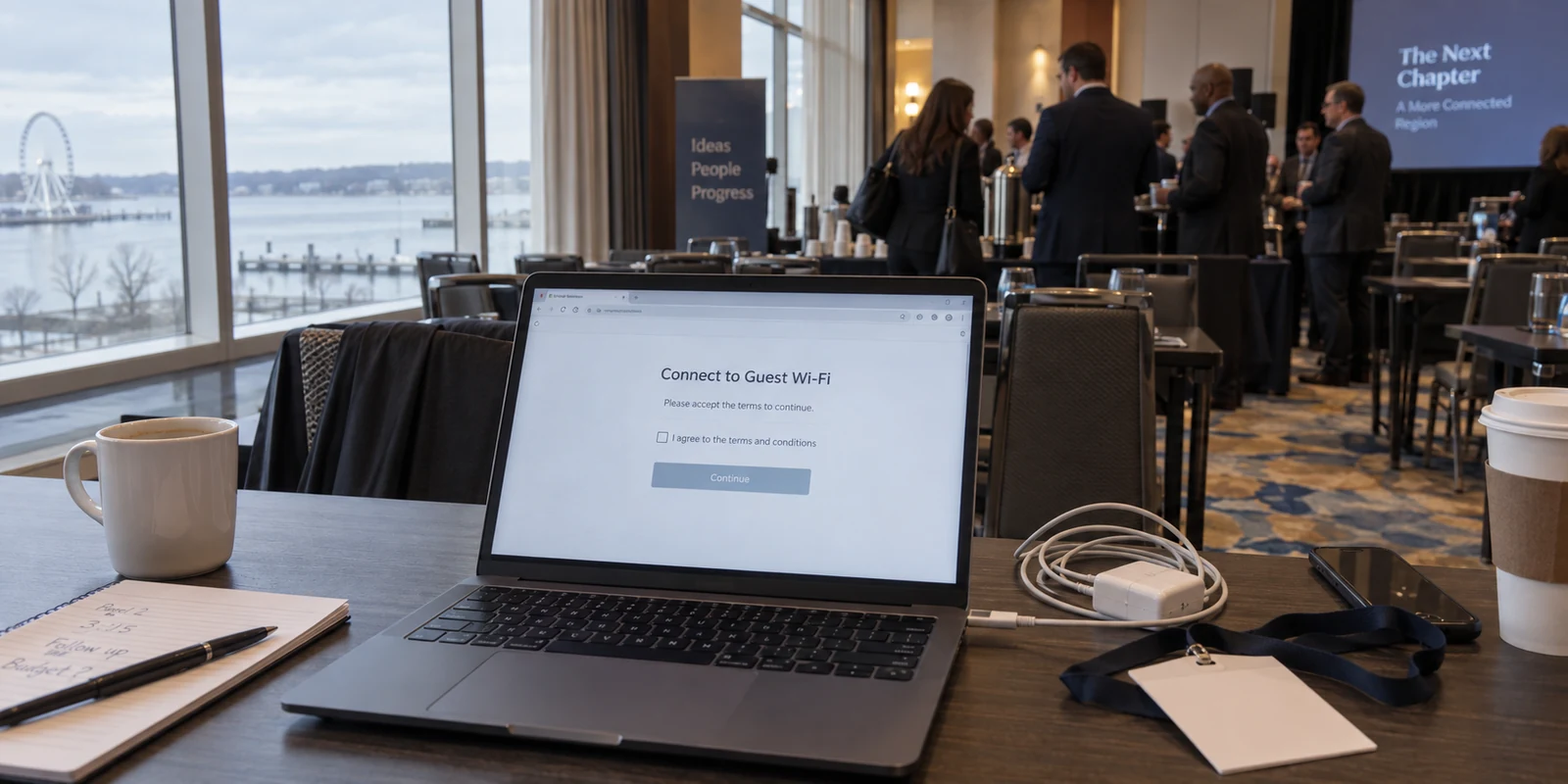 A laptop waits at a hotel guest Wi-Fi portal during a Maryland conference.
