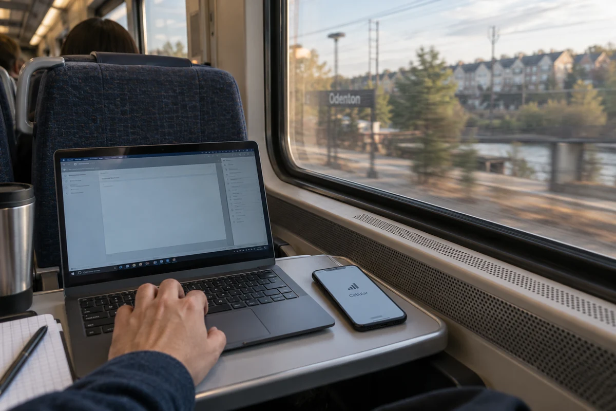 A Maryland commuter works on a laptop as a phone returns to cellular service on a train.