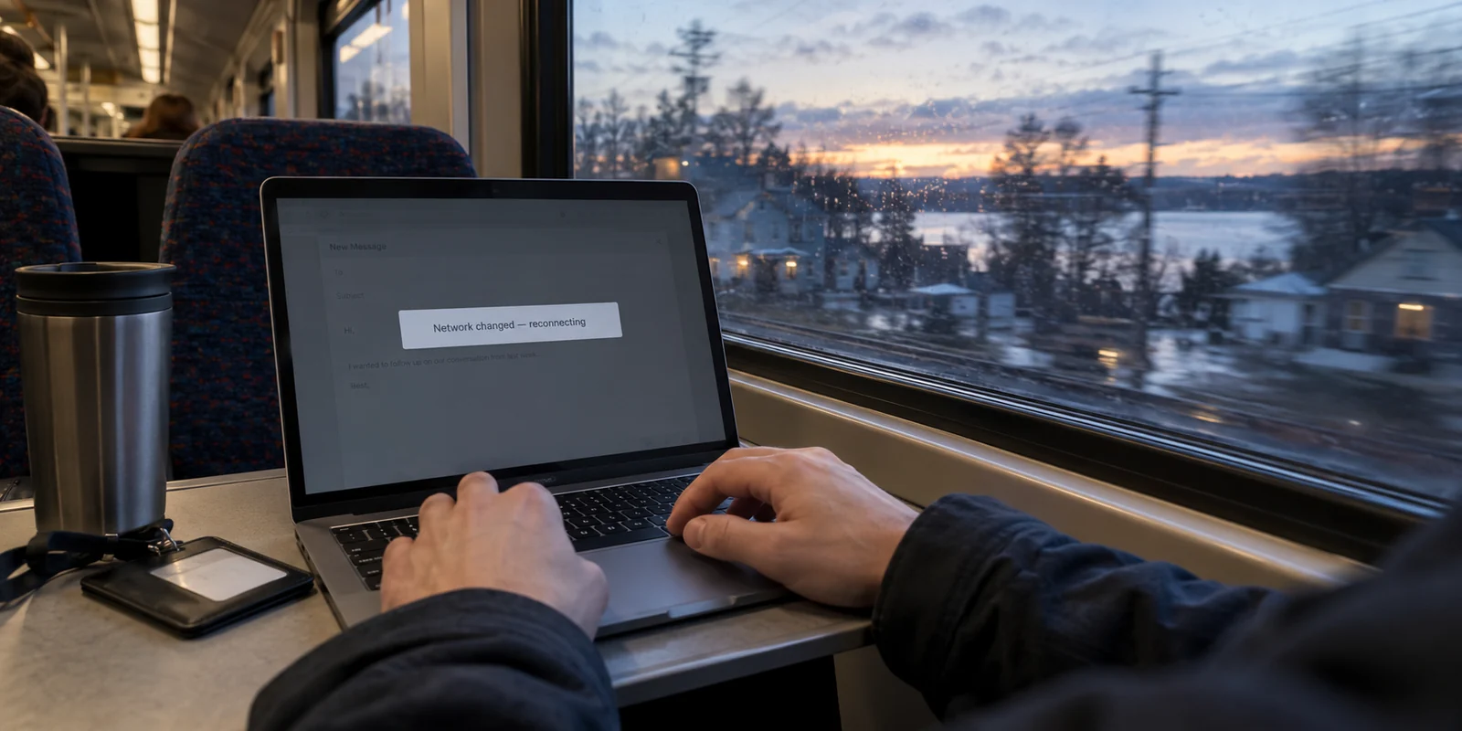 A commuter rail passenger waiting for a laptop to reconnect in Massachusetts