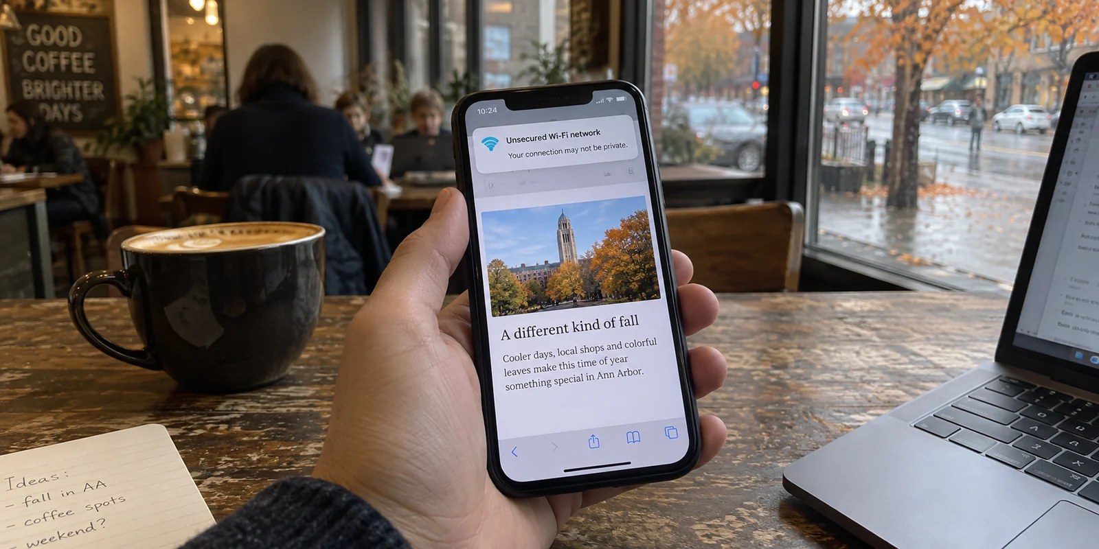 A phone warning about unsecured Wi-Fi in an Ann Arbor coffee shop