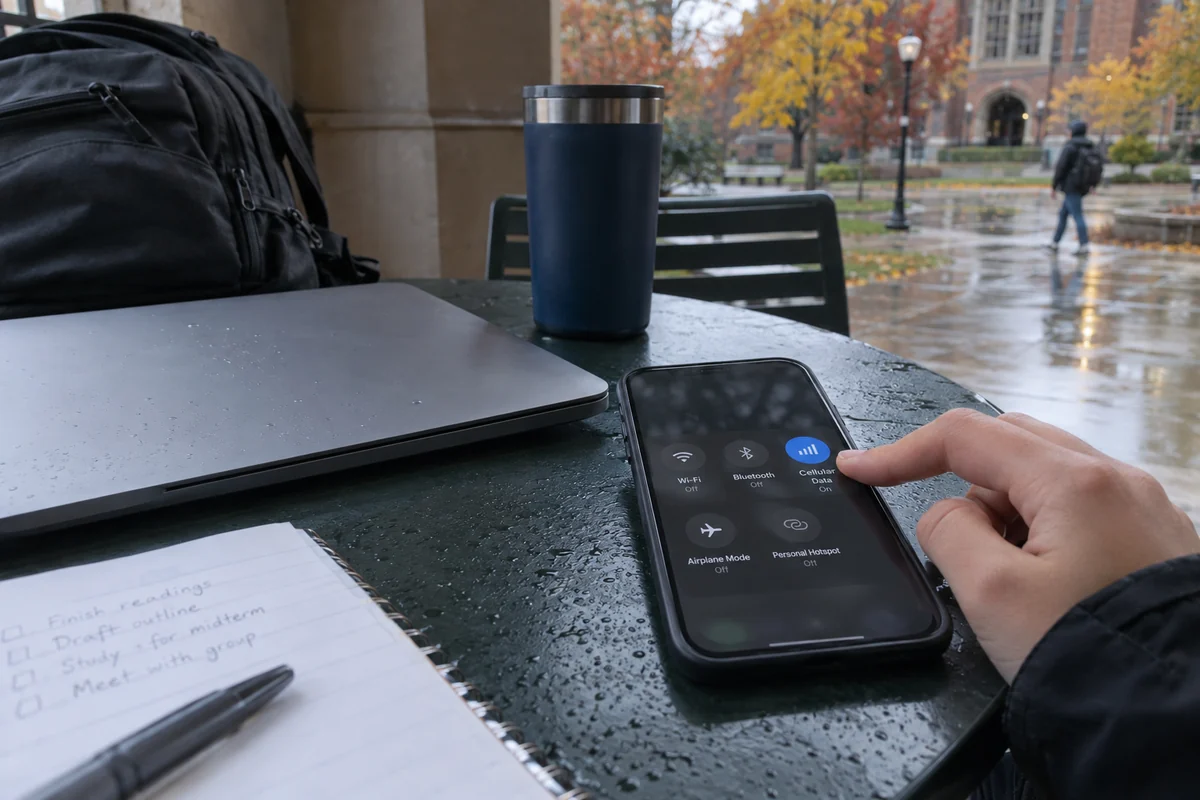 A student switching from Wi-Fi to cellular data on a rainy Michigan campus