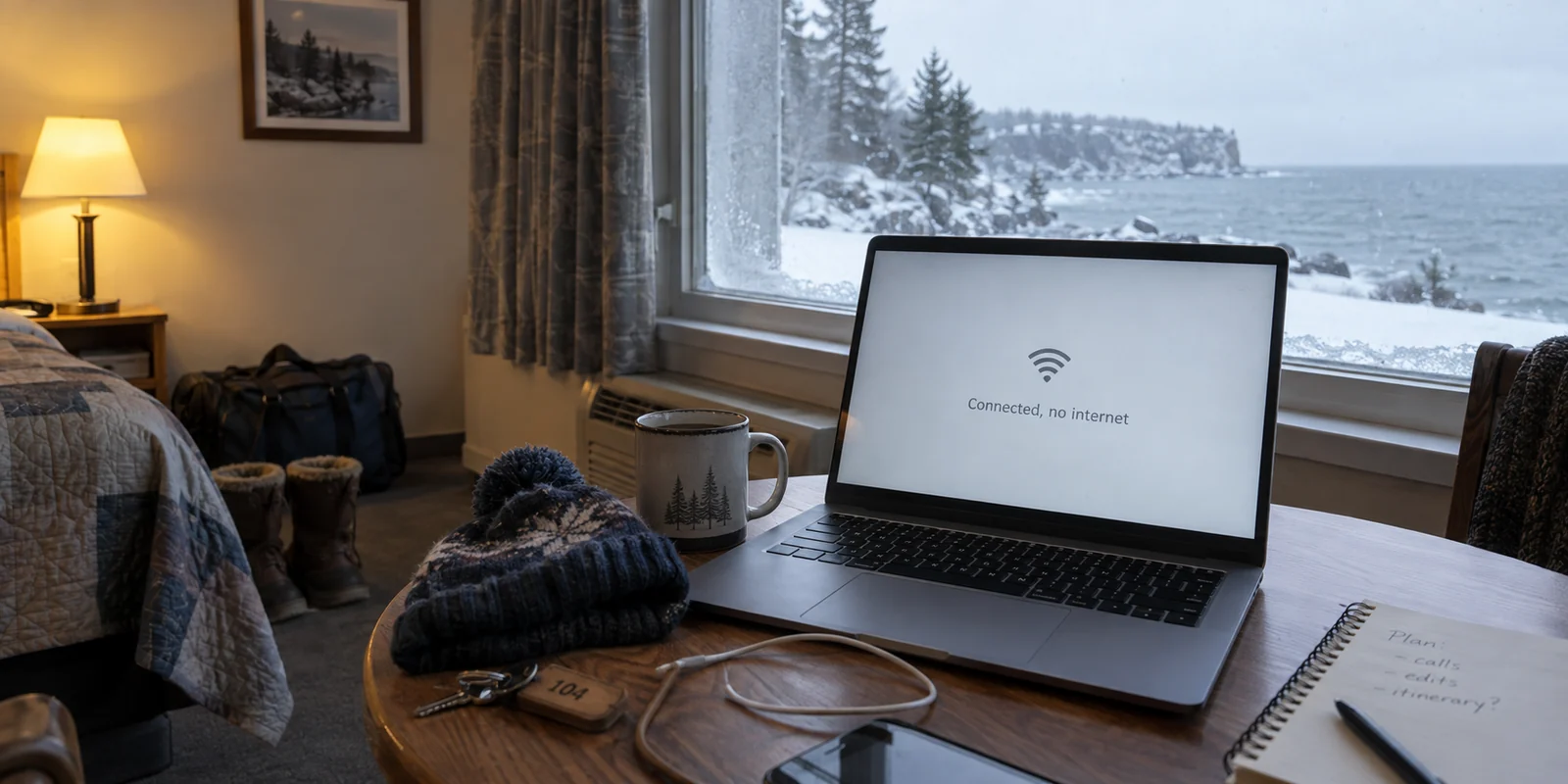 A laptop with no internet connection in a snowy Minnesota motel room