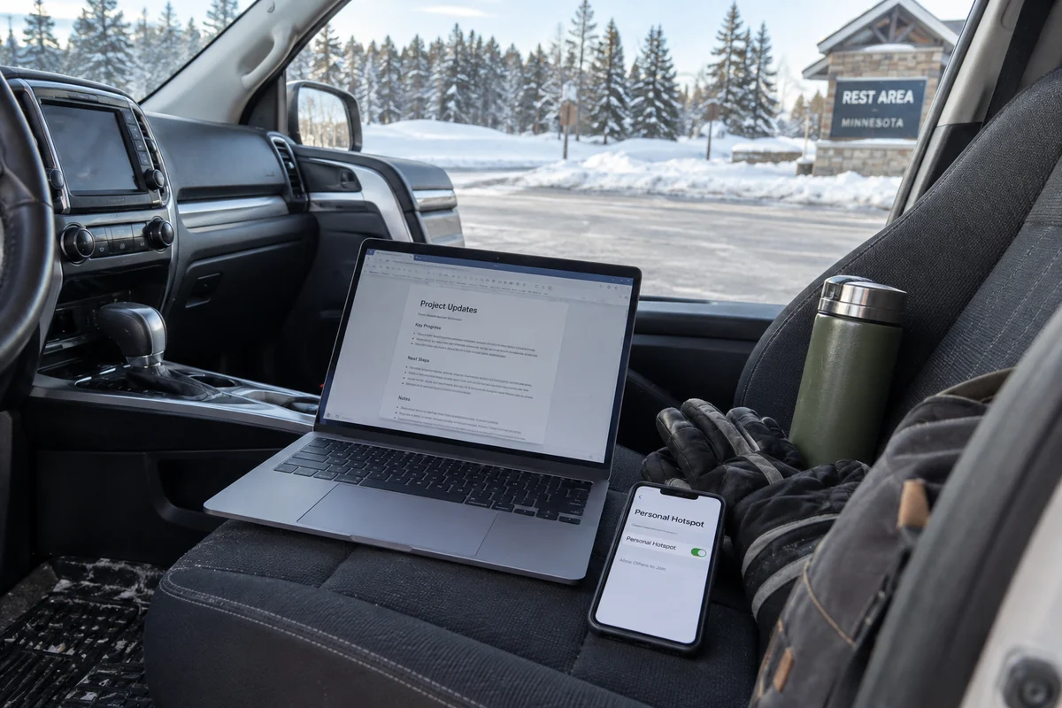 A traveler using a phone hotspot from a parked car at a Minnesota rest area