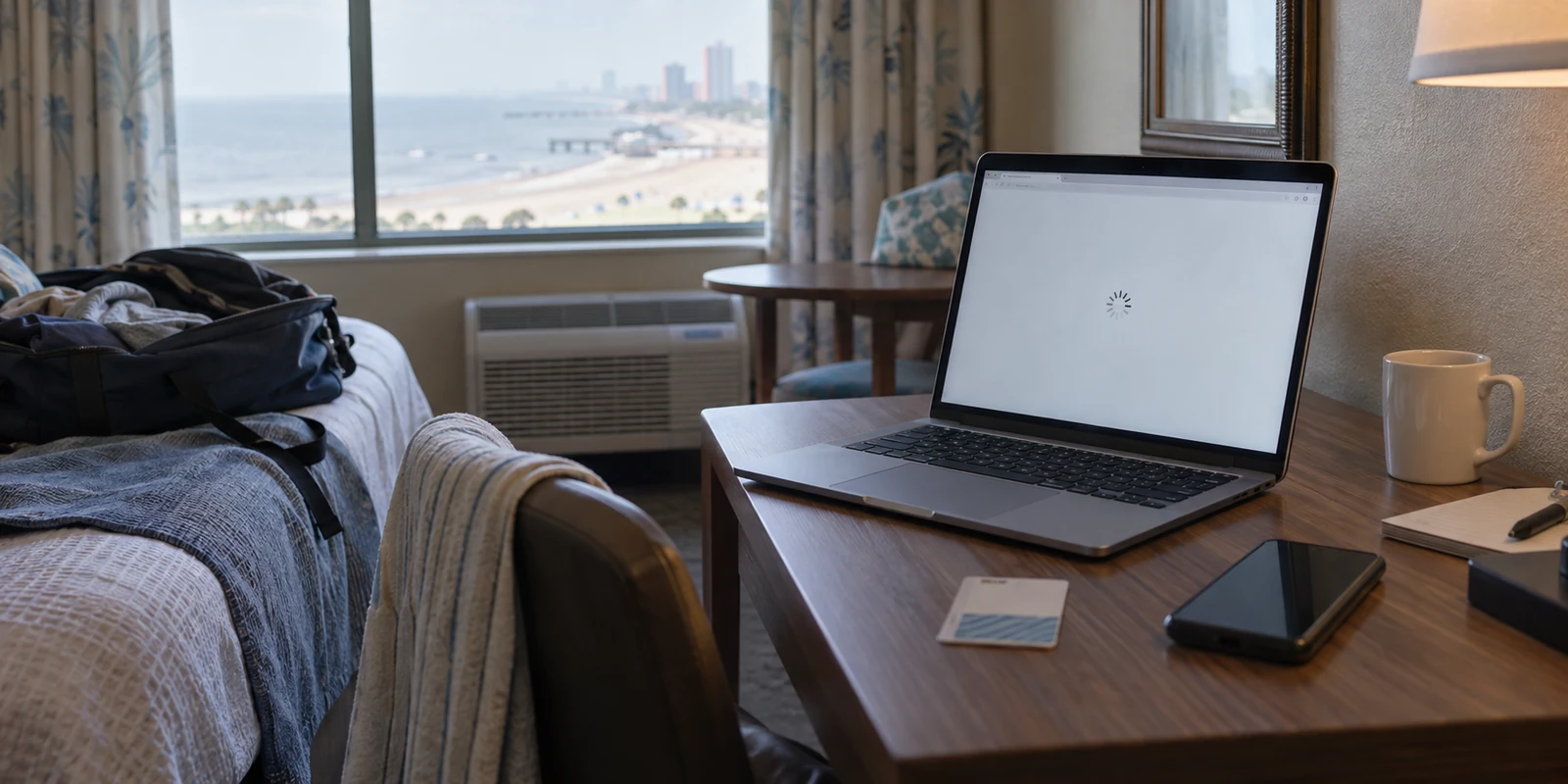 A laptop stalls on hotel Wi-Fi in a Mississippi Gulf Coast room.