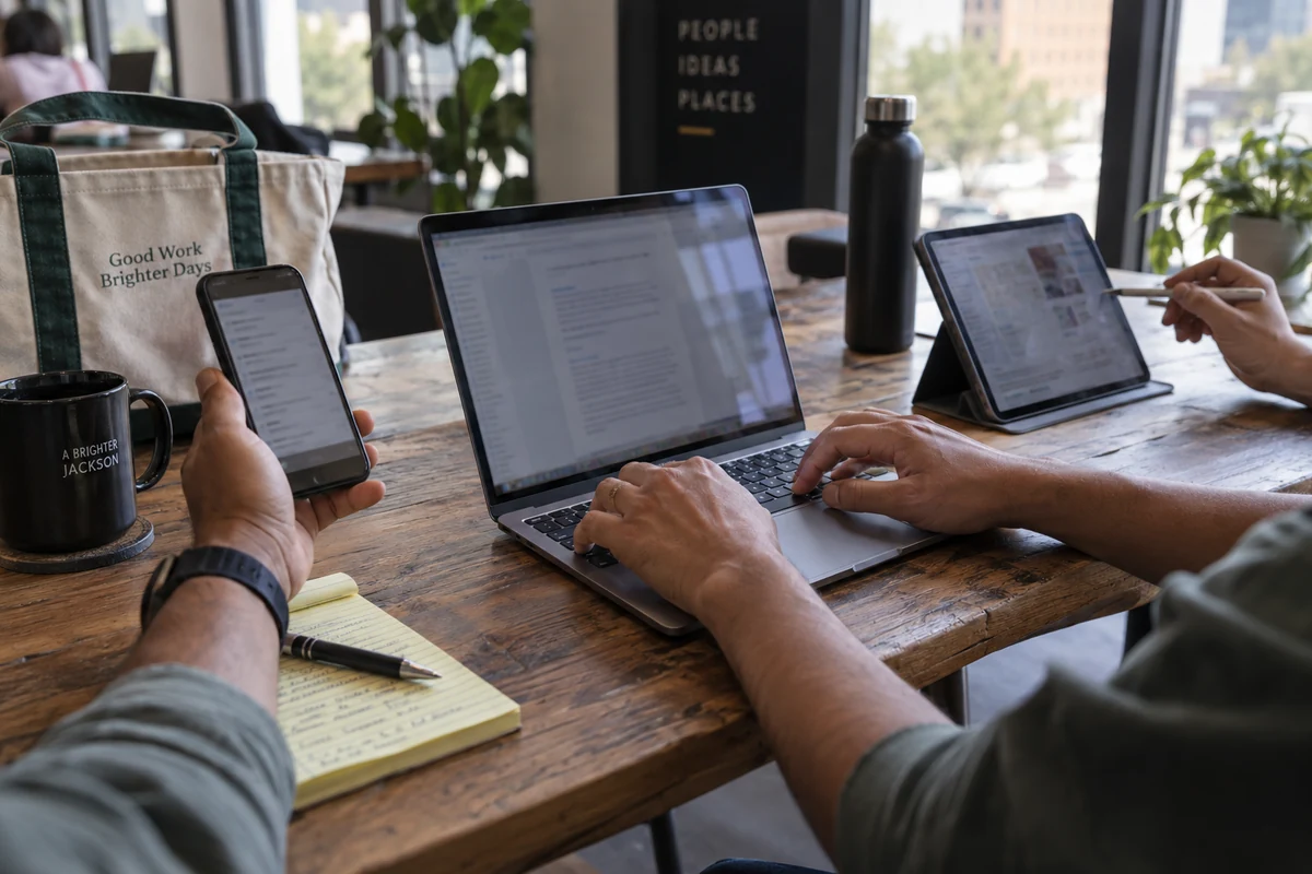 A remote worker uses a laptop, tablet, and phone on a shared Jackson workspace network.