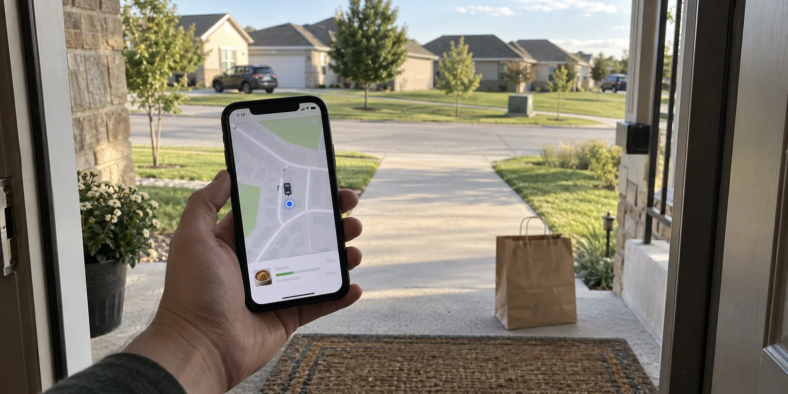 A delivery app pinpoints a Nebraska home and driveway on a phone.