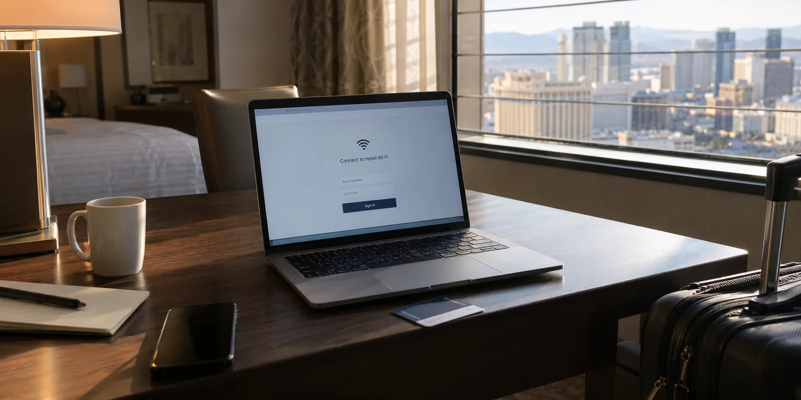 A laptop waiting at a Nevada hotel Wi-Fi sign-in page
