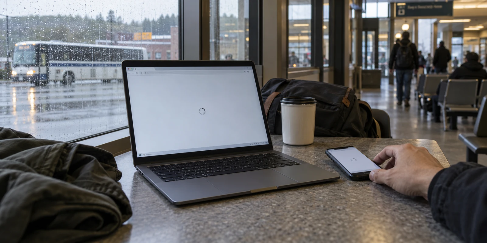 A laptop connection stalls at a rainy New Hampshire bus terminal.