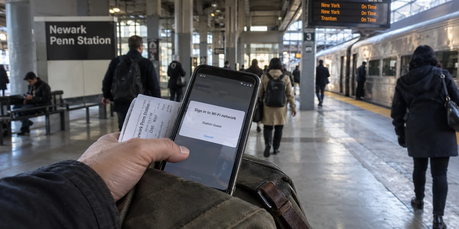 A commuter asked to sign in to station Wi-Fi at Newark Penn Station