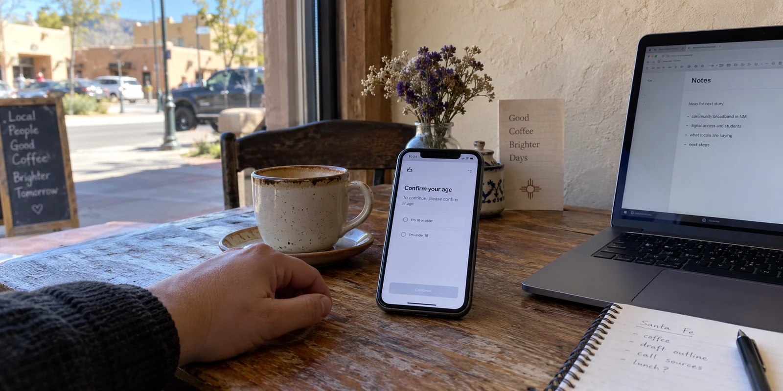 A phone displays an age-confirmation request in a New Mexico café.