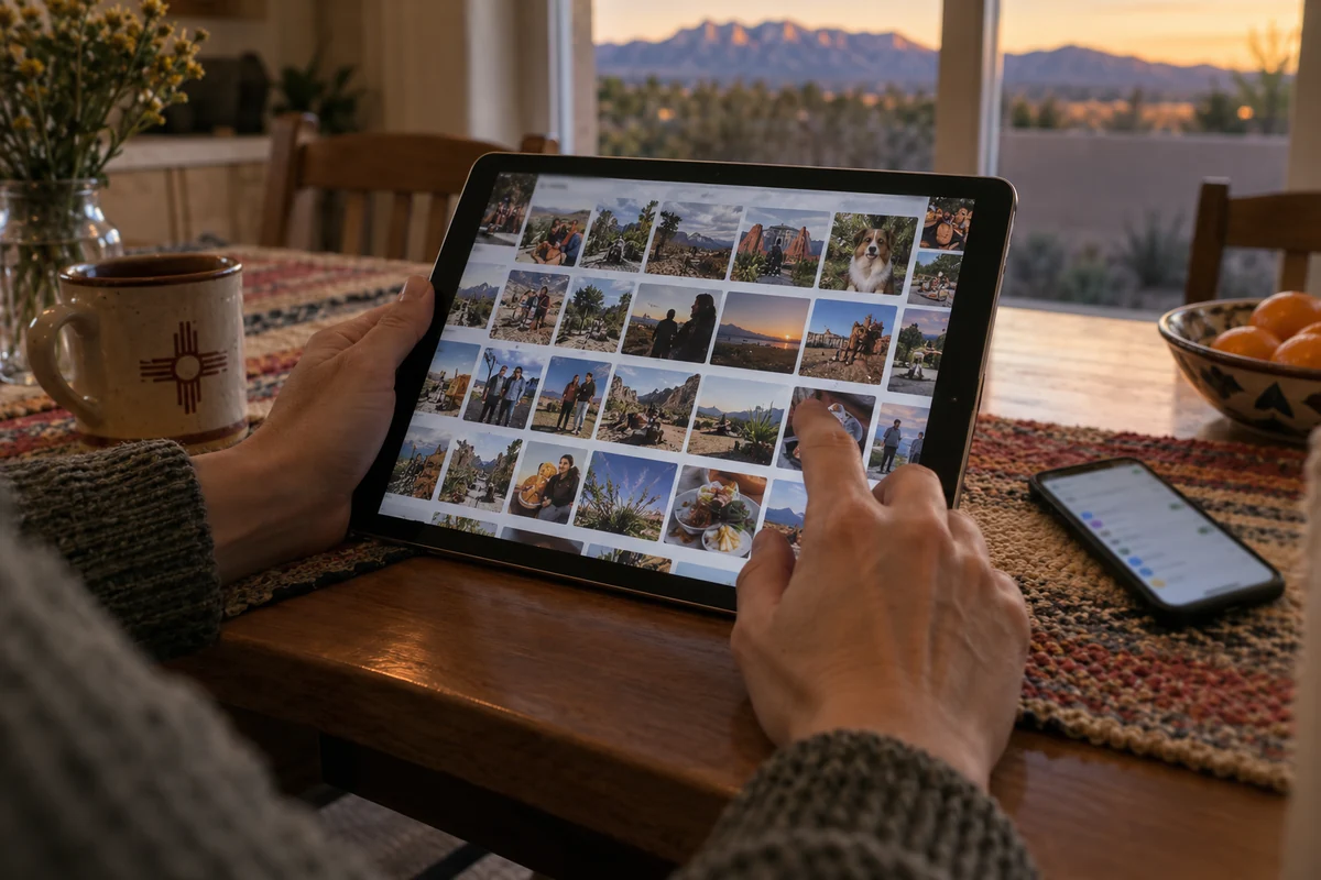 A New Mexico resident scrolls through years of account photos on a tablet.
