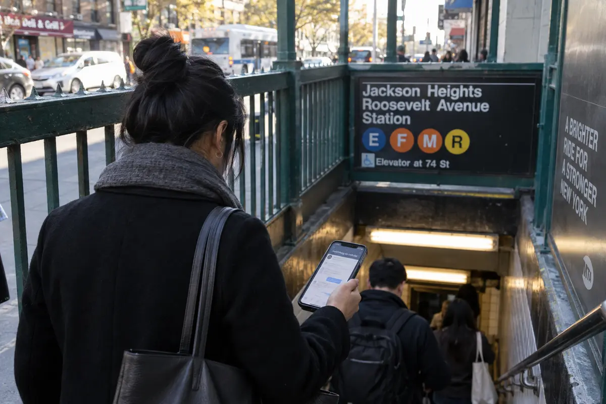 A commuter checks a reconnecting phone while entering a Queens subway station