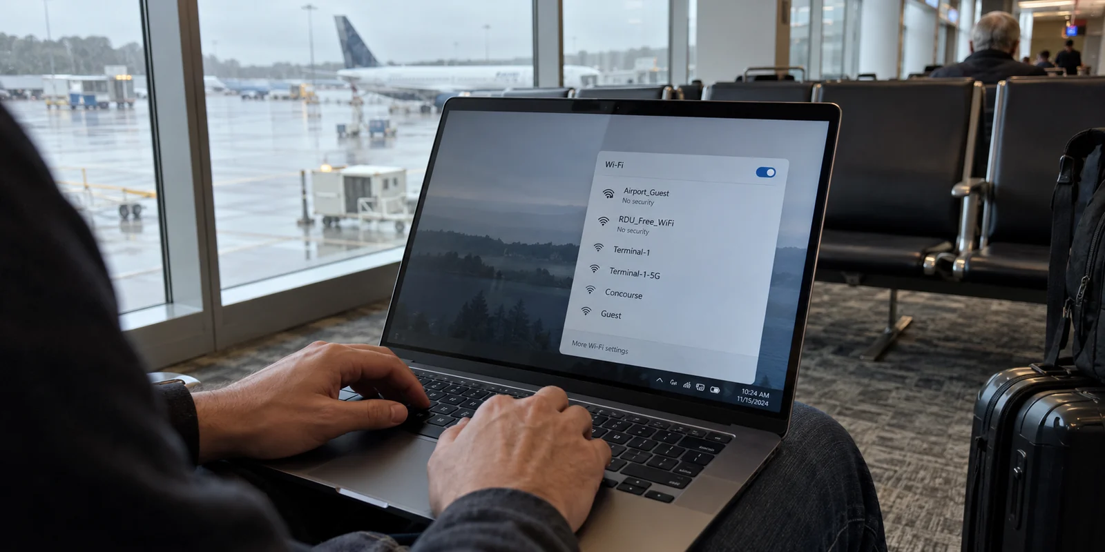 A traveler reviewing public Wi-Fi networks at Raleigh-Durham International Airport