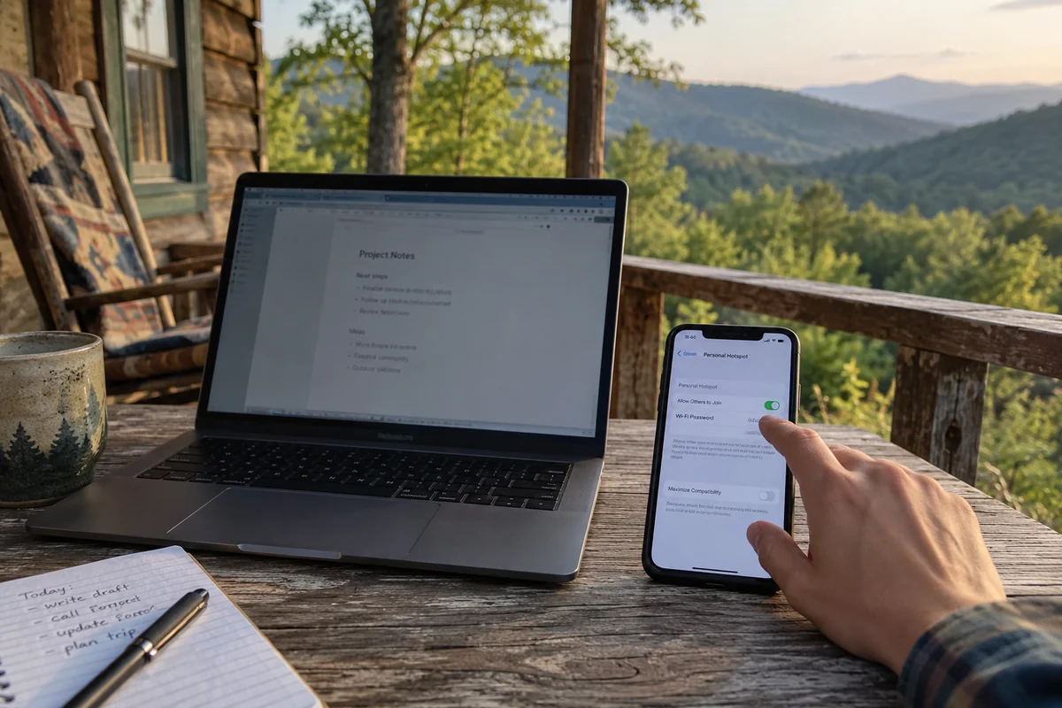 A remote worker connecting a laptop through a phone hotspot in the North Carolina mountains