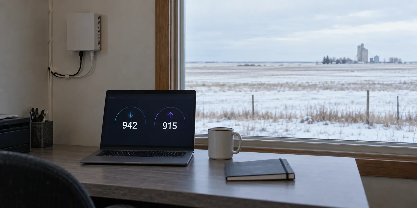 A fast fiber connection in a North Dakota home office overlooking snowy prairie