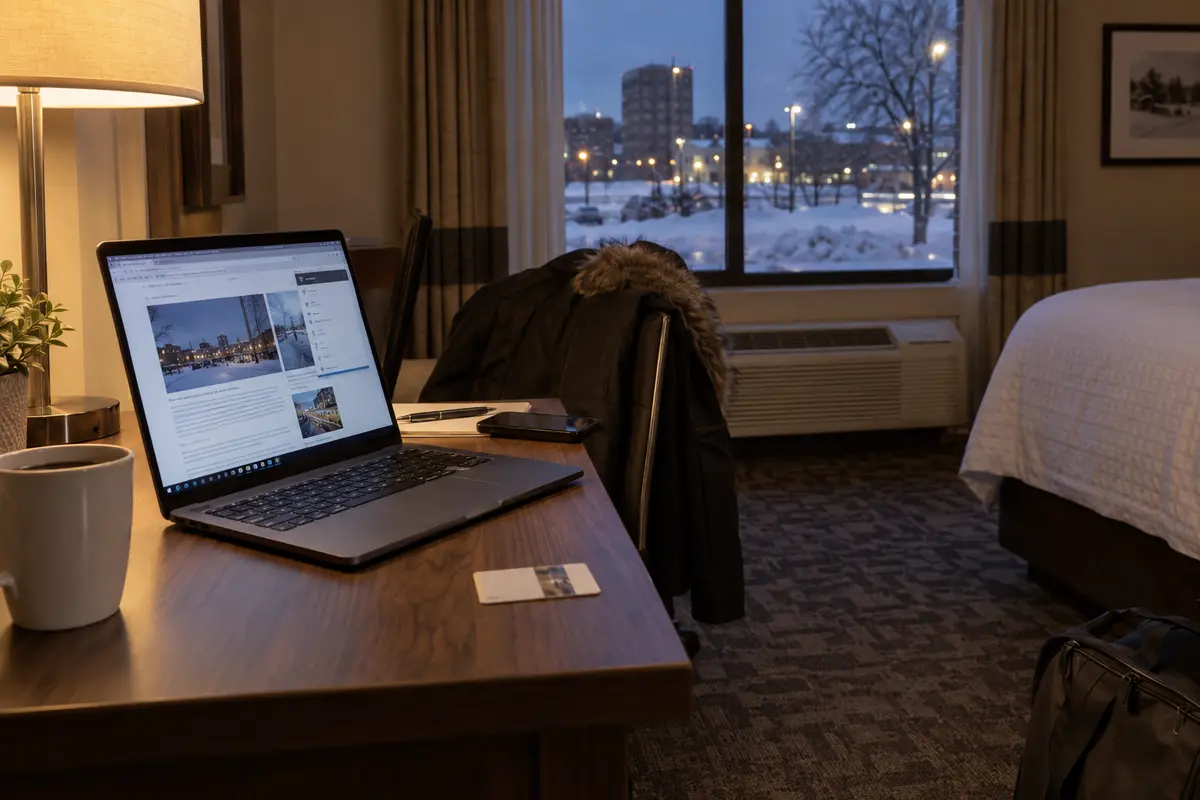 A working laptop on guest Wi-Fi in a Fargo hotel room on a winter evening