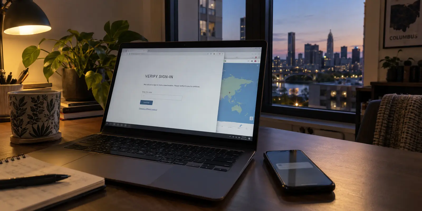 A Columbus banking account challenges a sign-in after the network location changes.