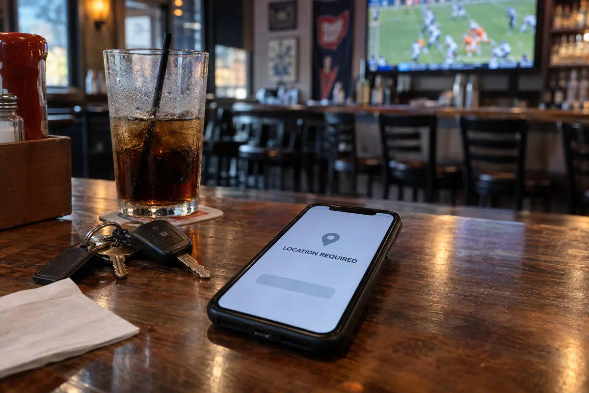 A regulated gaming app requests physical location in an Ohio sports bar.