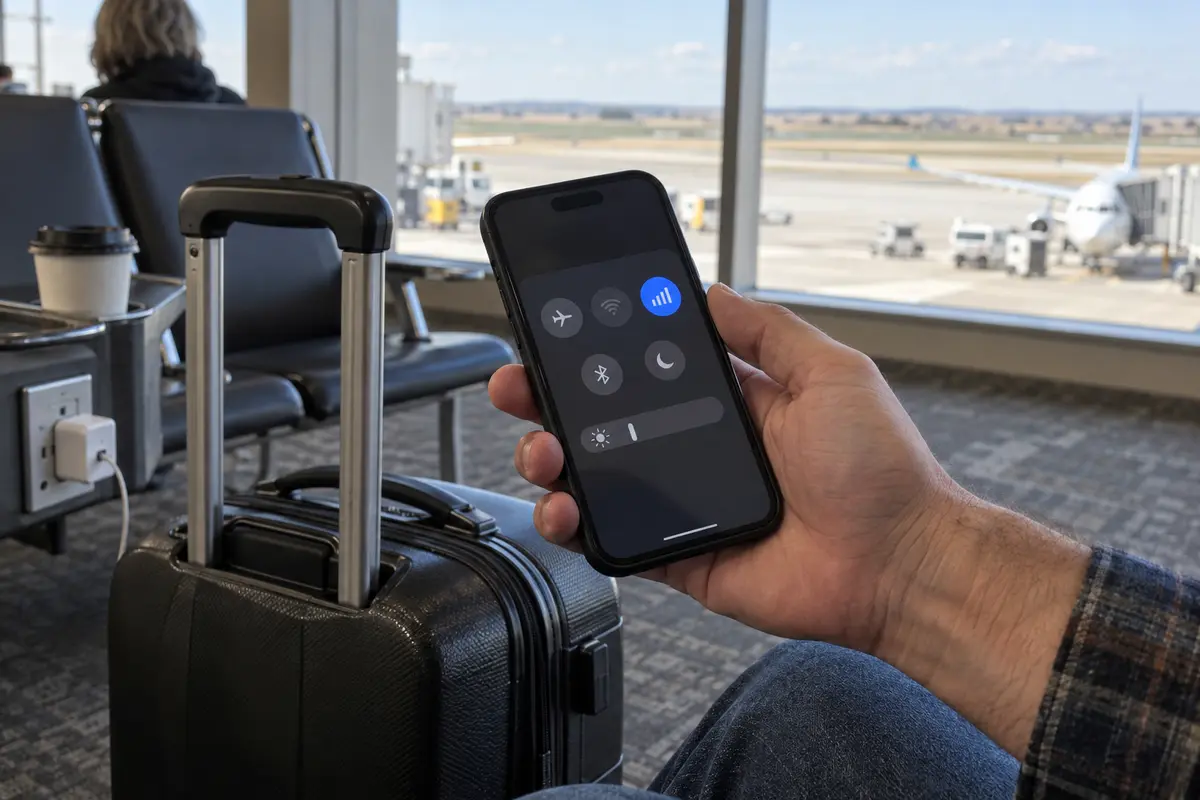 A traveler switches a phone from airport Wi-Fi to cellular data.