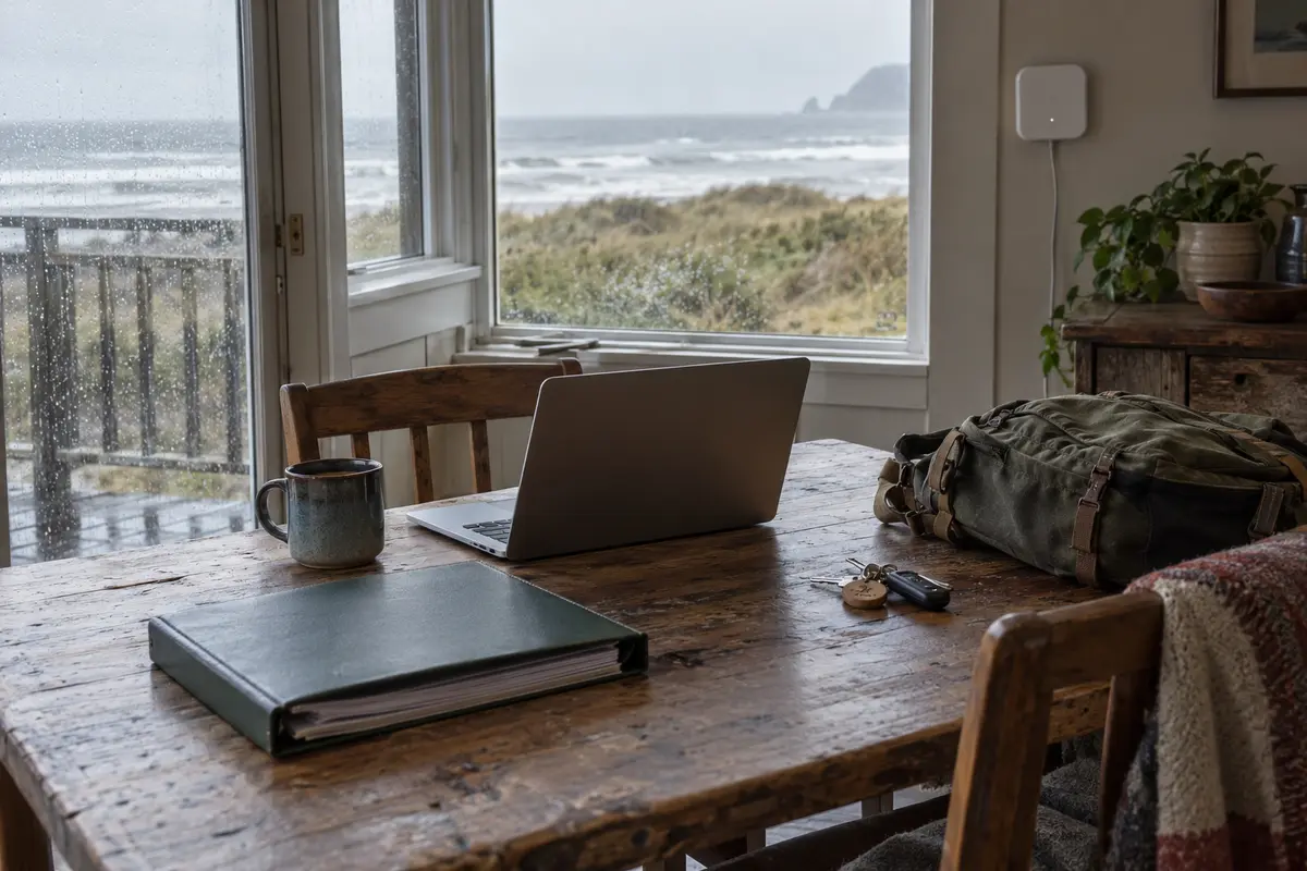 A work laptop uses the shared network in an Oregon coast rental.